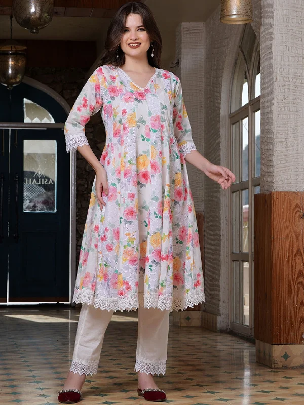 Women Floral Printed Panelled Pure Cotton Kurta With Trousers